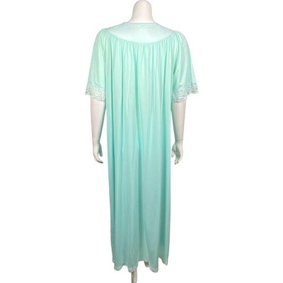 Vintage Shadowline Long Nightgown Size M Lace Trim Nylon Short Sleeves Green - Picture 4 of 6